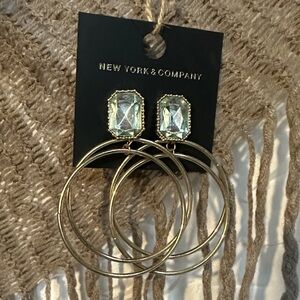 New York & Company Gold Double Hoop Earrings with Clear Crystal Studs